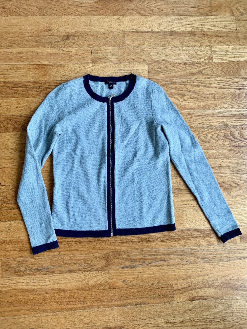 EUC XS Ann Taylor Cotton Blend Zip-up Cardigan Sweater, Grey & Navy Blue